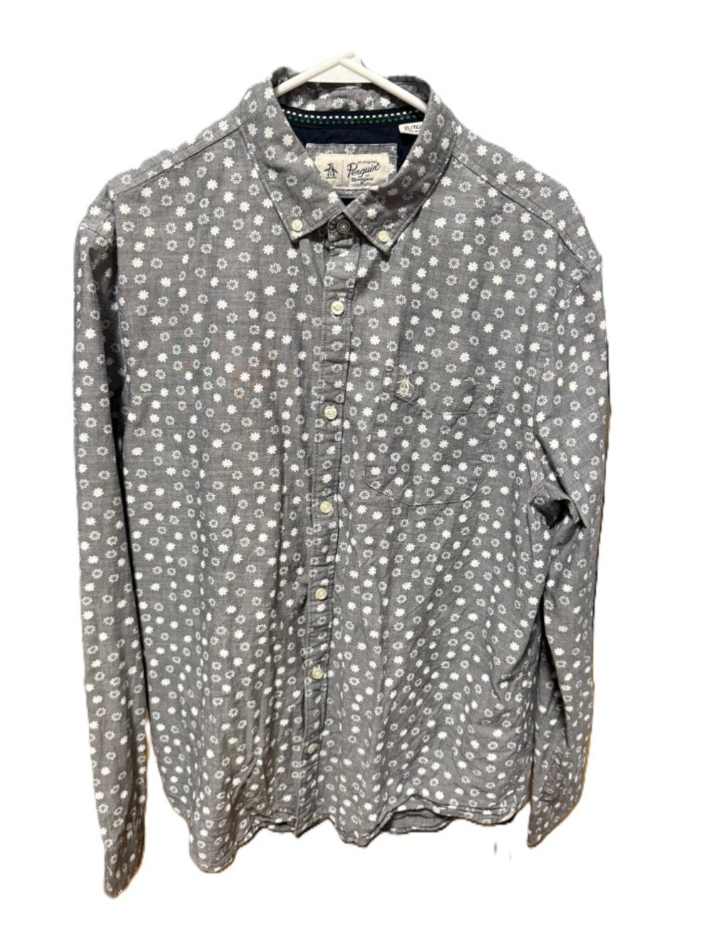 Original Penguin Mens XL Gray Floral Chambray Button Down Shirt Long Sleeve